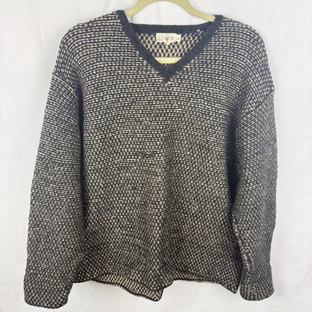 Vintage J. Crew Oarsman Birdseye Knit Black & White V-Neck Boxy Wool Sweater Med